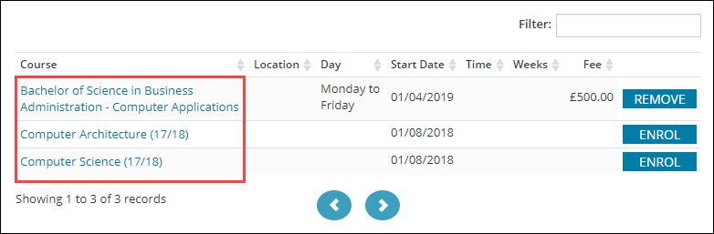 Course name hyperlinks